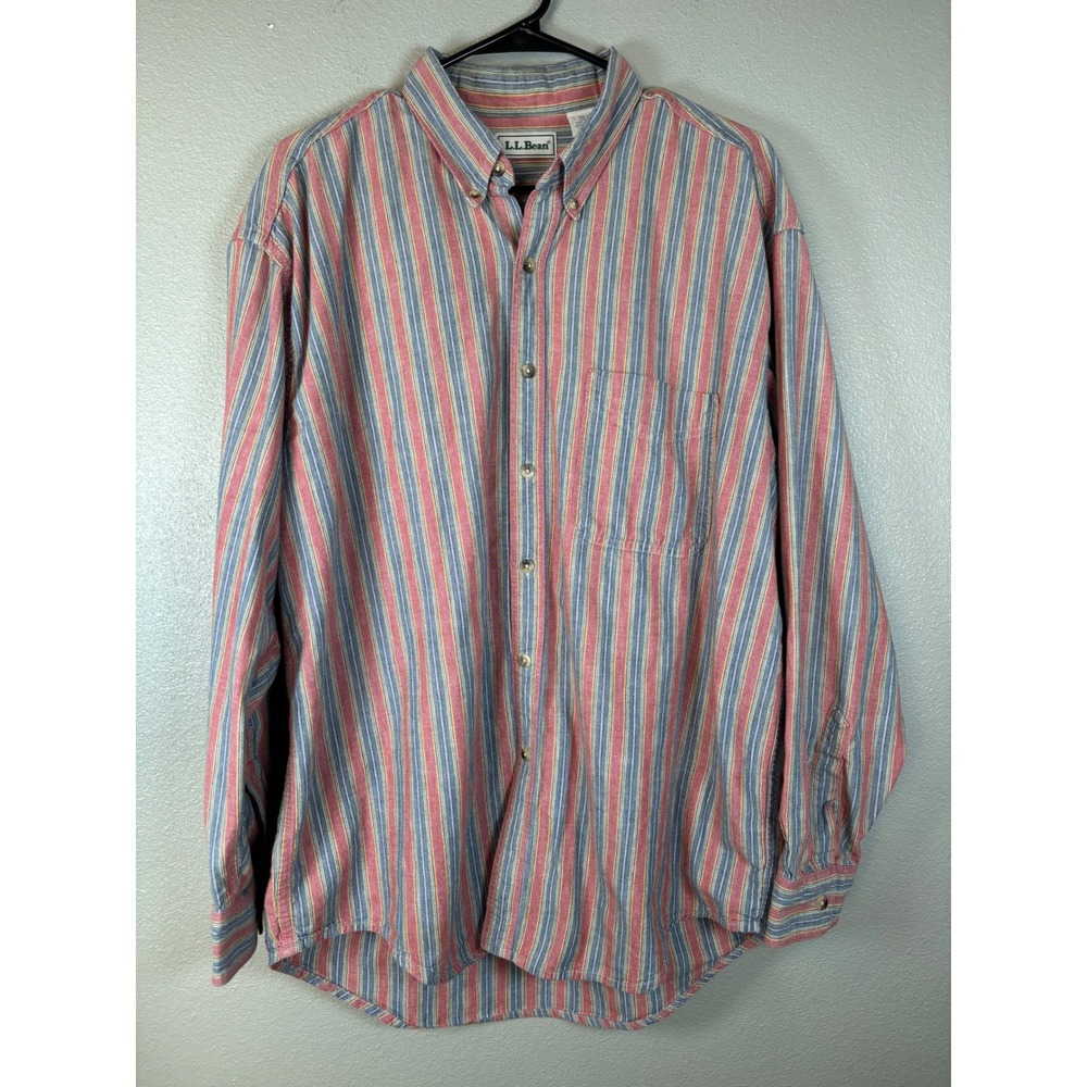 Vintage LL Bean Mens Large Long Sleeve Striped Button Down Shirt Red Blue Cotton